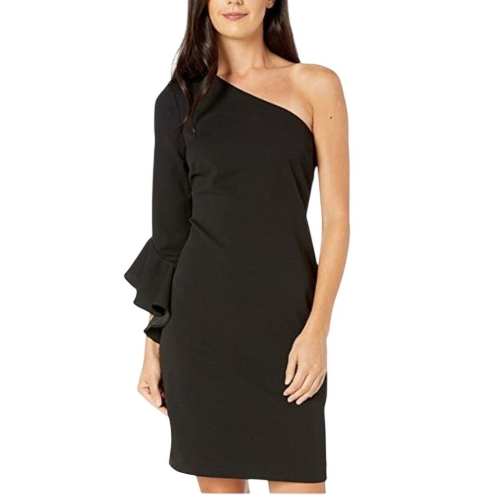 Trina Turk Black One Shoulder Ruffle Sleeve Cocktail Dress Womens Large